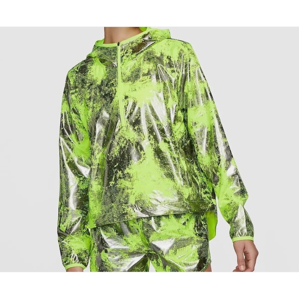New Nike Jacket Running Move Zero Women Small Neon Reflective Hood  Green Foil